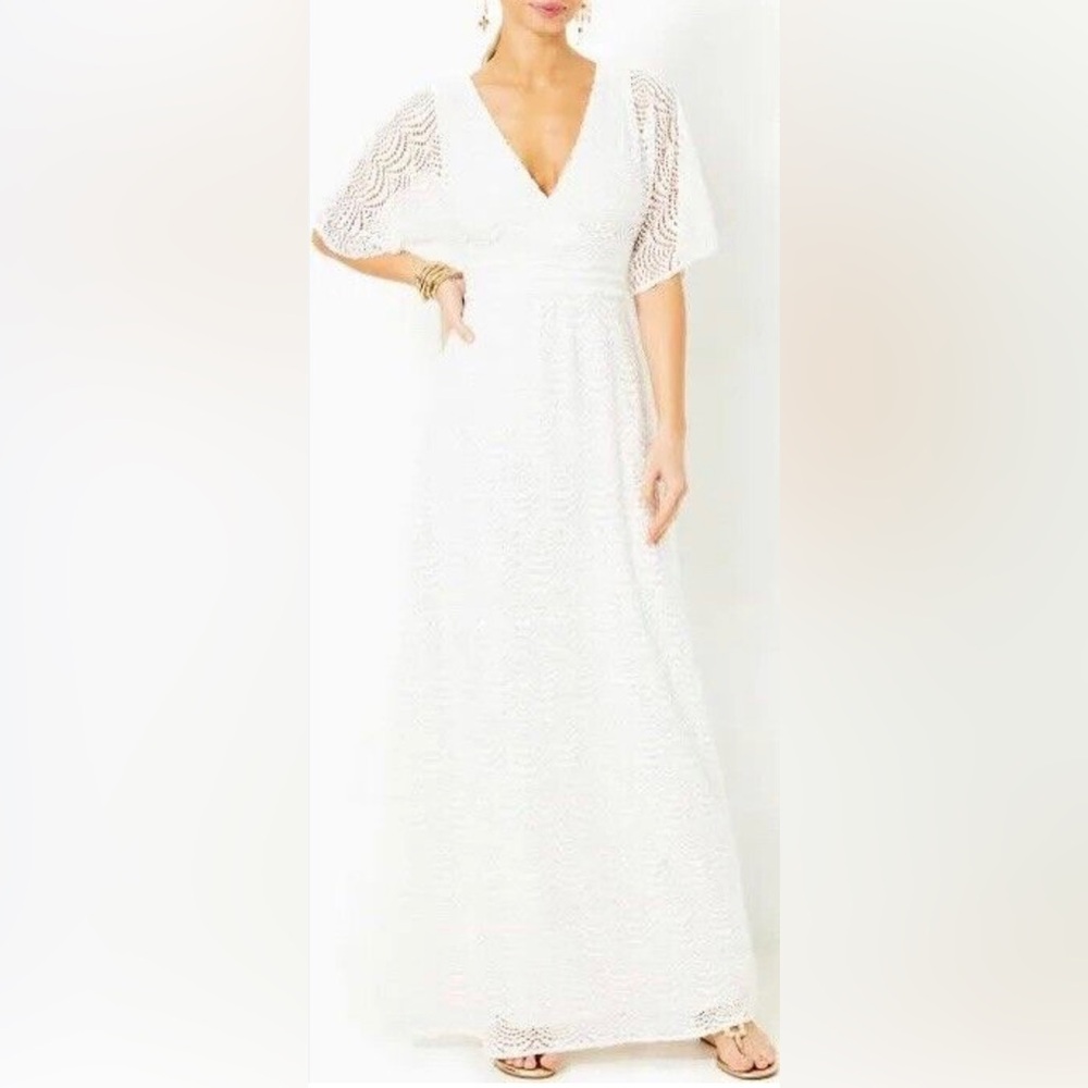 NWT Lilly Pulitzer Parigi Elbow Maxi Dress Resort White Scalloped Shell S